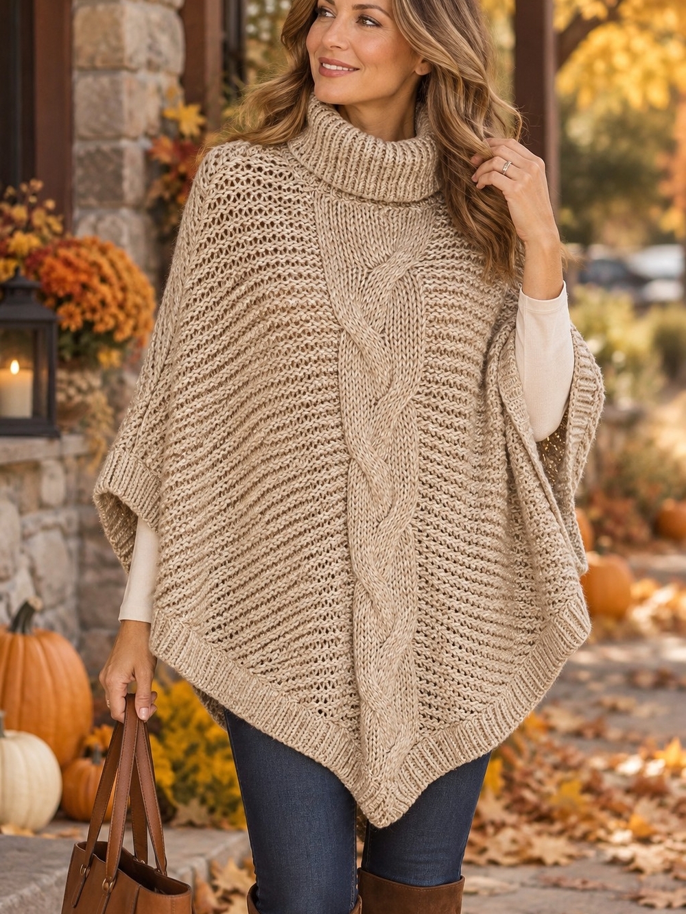Turtleneck Cable-Knit Poncho Sweater - Beige